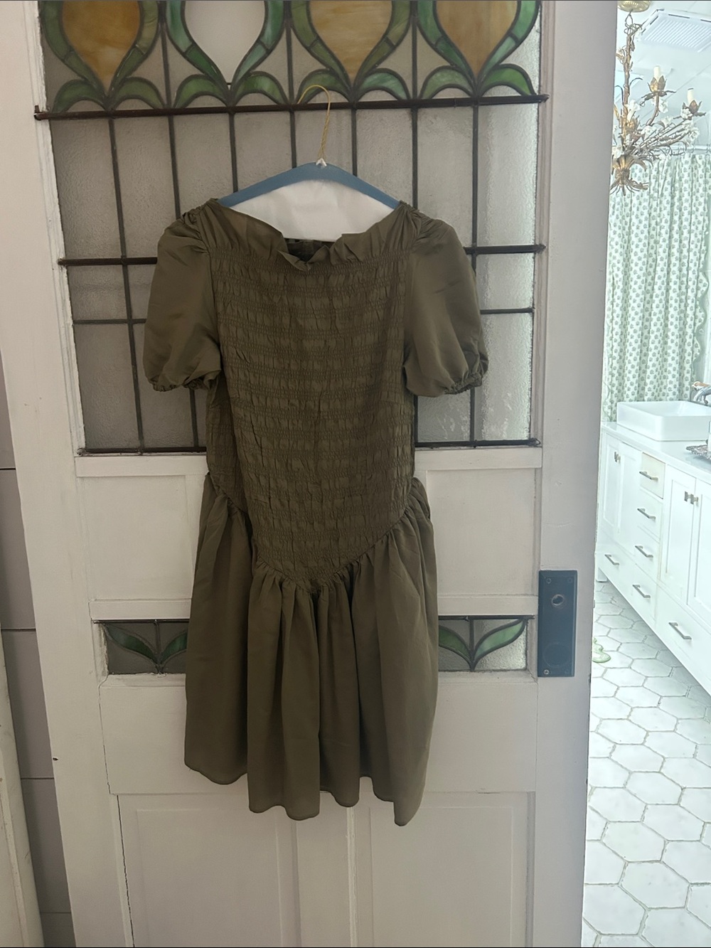 Mango Olive Green Puff Sleeve Smocked Dress